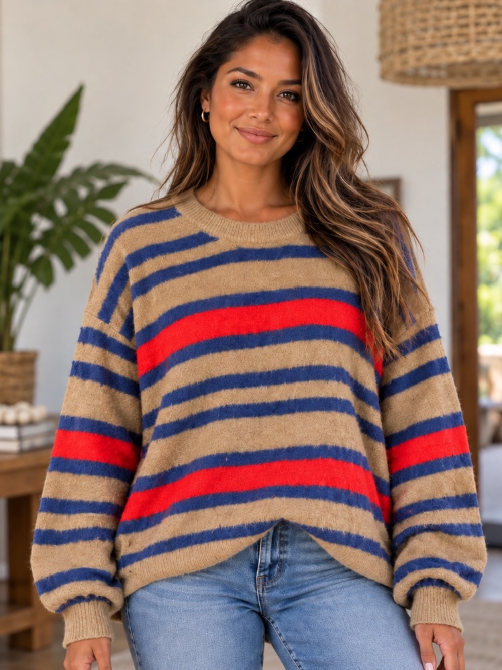 aerie Striped Fuzzy Crewneck Sweater in Tan, Blue & Red